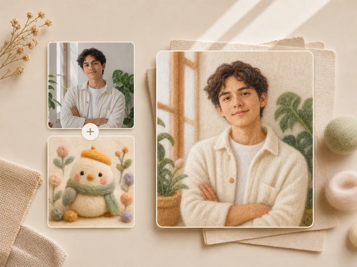 AI image filter case turning a daylight portrait into a soft wool felt portrait.