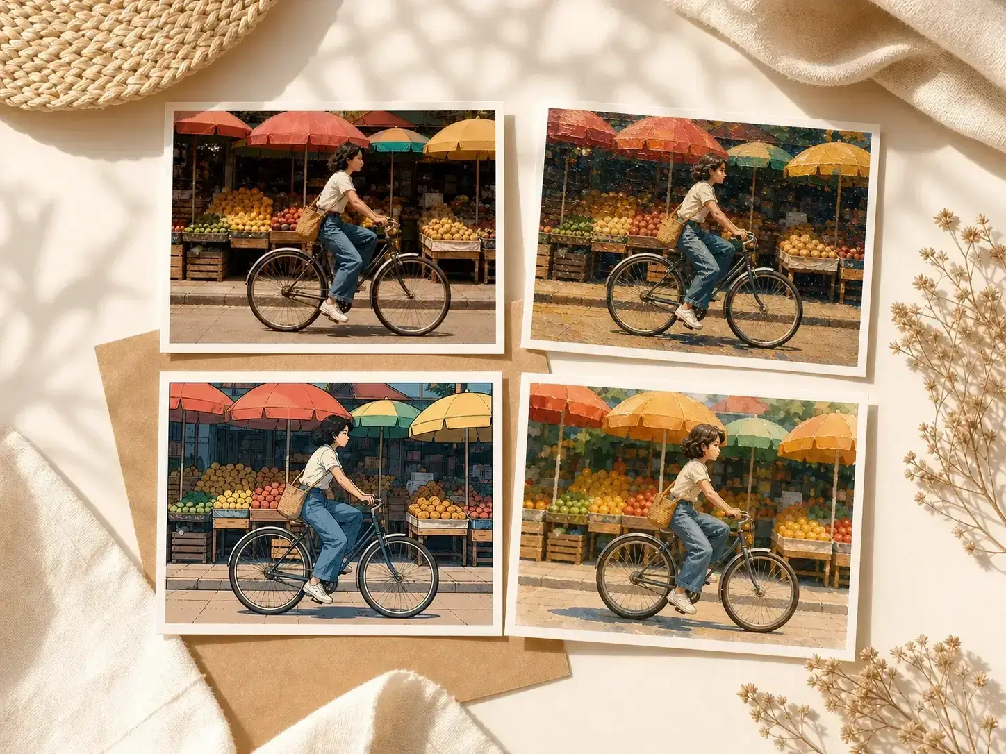 AI photo filter case showing anime, 3D, pixel, sketch, and cinematic variations of one street photo.