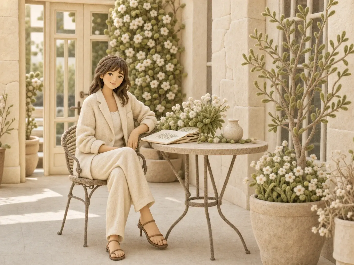 AI filter example showing a garden portrait before and after a soft 3D felt look. filtered result