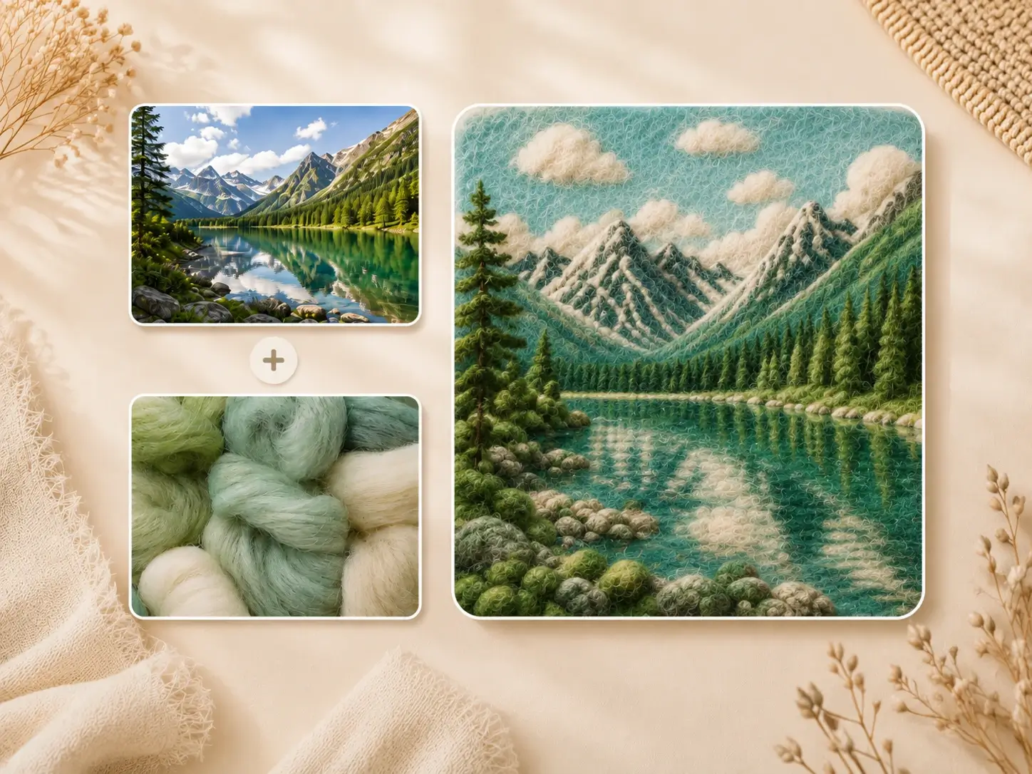 Custom AI filter applying wool fiber texture and soft green light to a mountain lake photo.