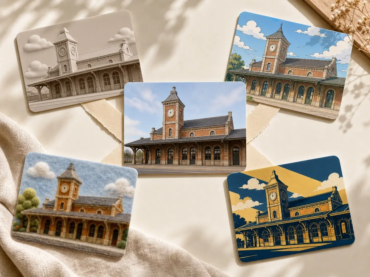 AI image filter preserving a train station facade across clay, anime, felt, and poster outputs.