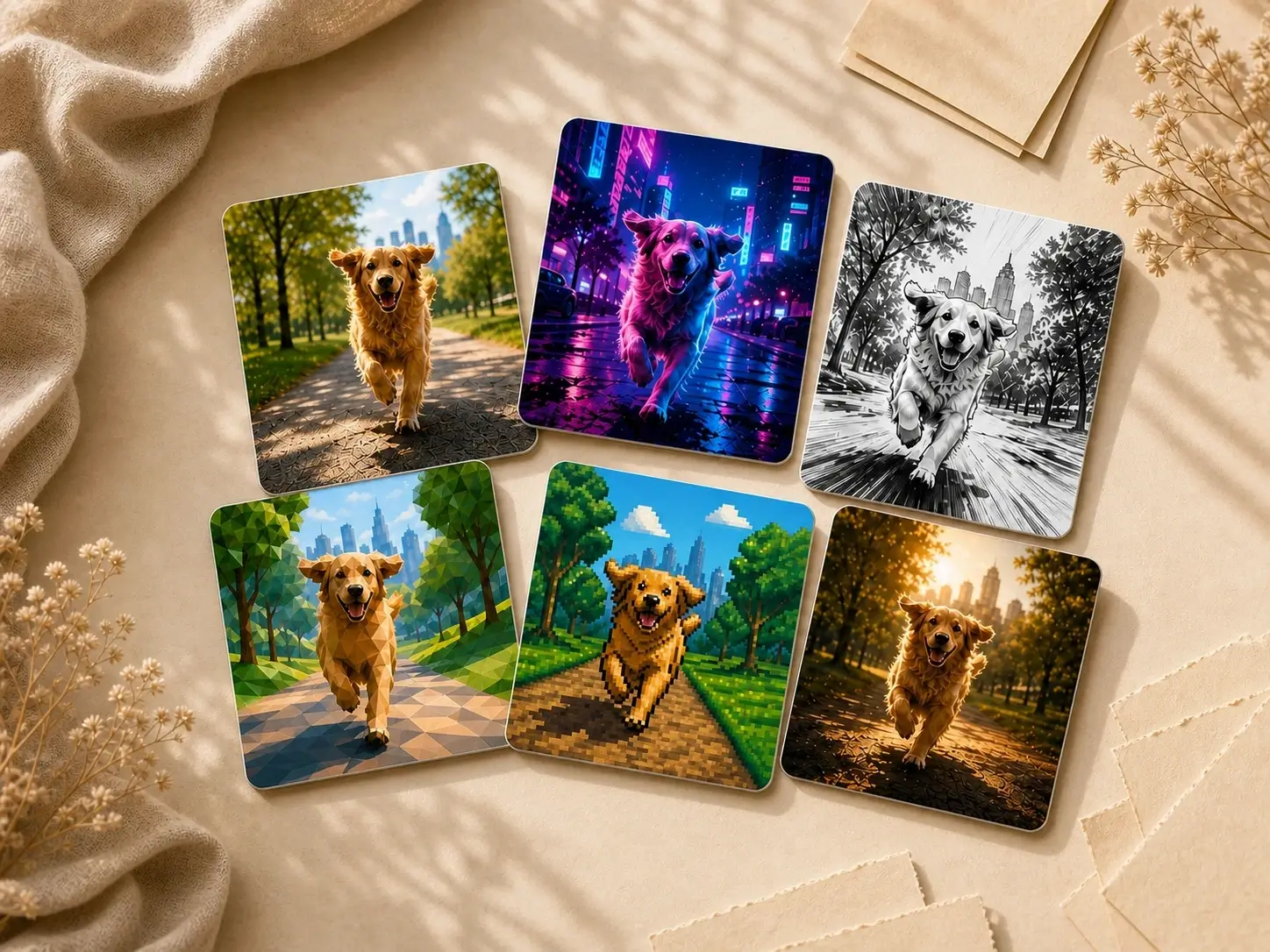 AI filter presets shown as neon, sketch, low-poly, pixel, and cinematic dog photo cards.