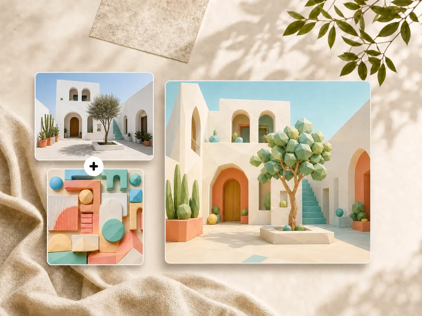 LinoCut AI filter workspace turning a courtyard photo into fresh preset and reference looks.