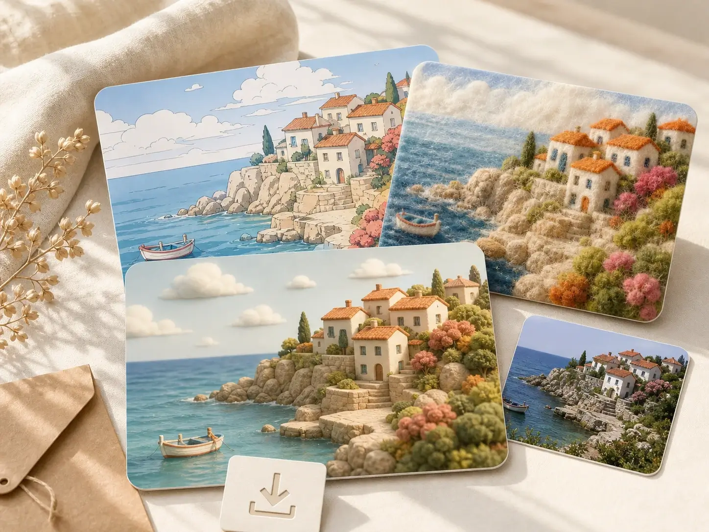 Result step exporting anime, 3D, and wool felt coastal village AI filter variations.