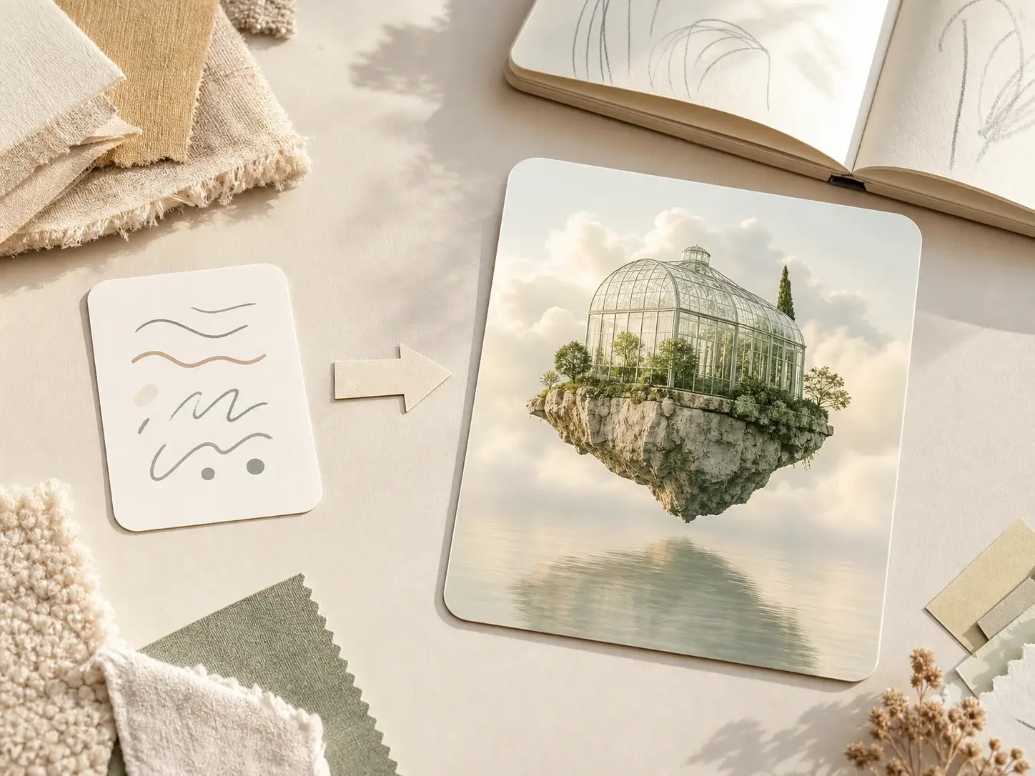 Start text to image from a prompt card that becomes a floating glass greenhouse image.