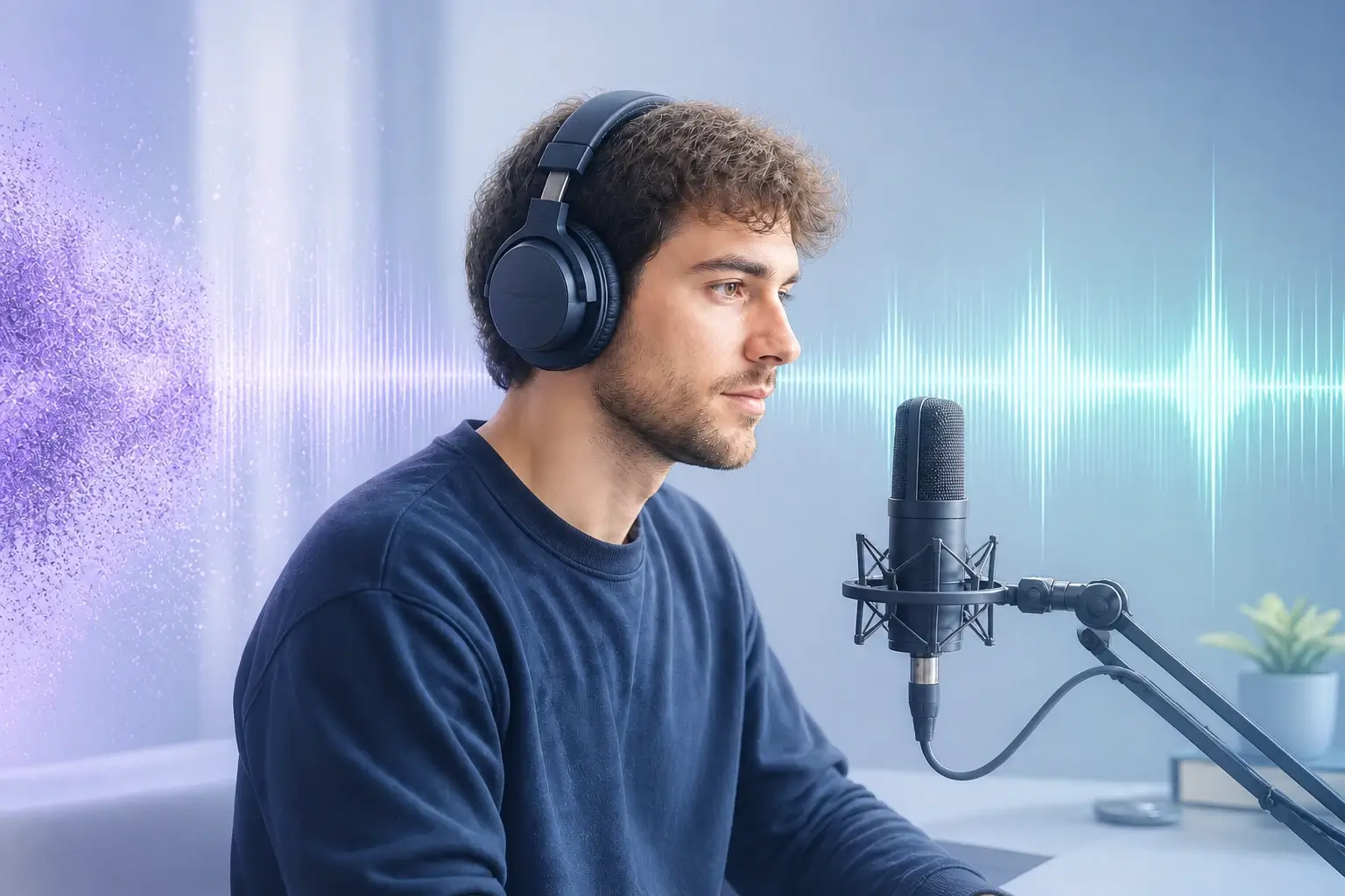 Creator wearing headphones monitoring a clean voice waveform after AI background noise removal.