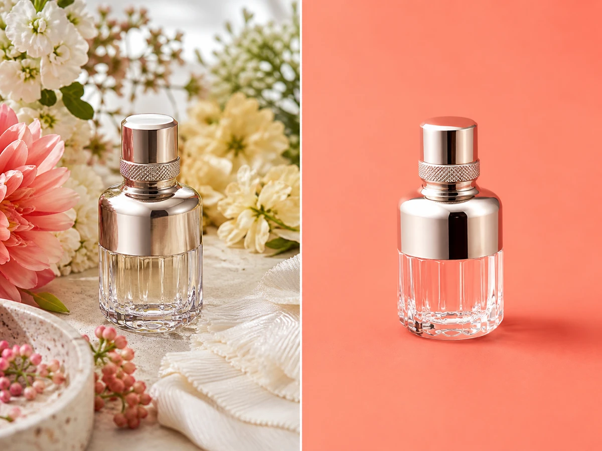 AI background remover before and after placing a perfume bottle on a campaign background.