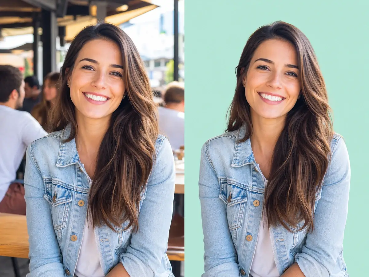 AI background remover before and after creating a clean creator portrait thumbnail.