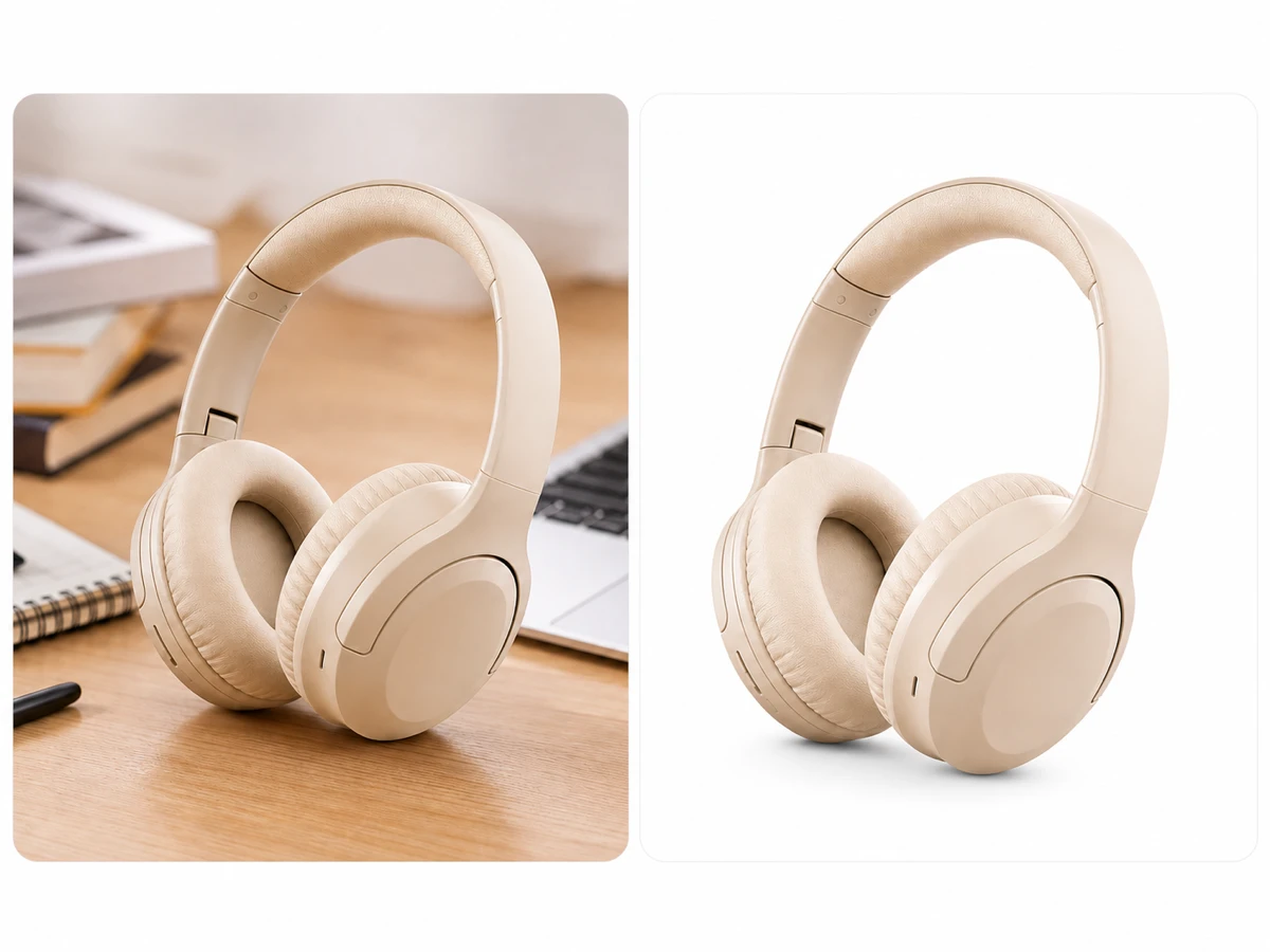 AI background remover before and after isolating headphones for listing photos.