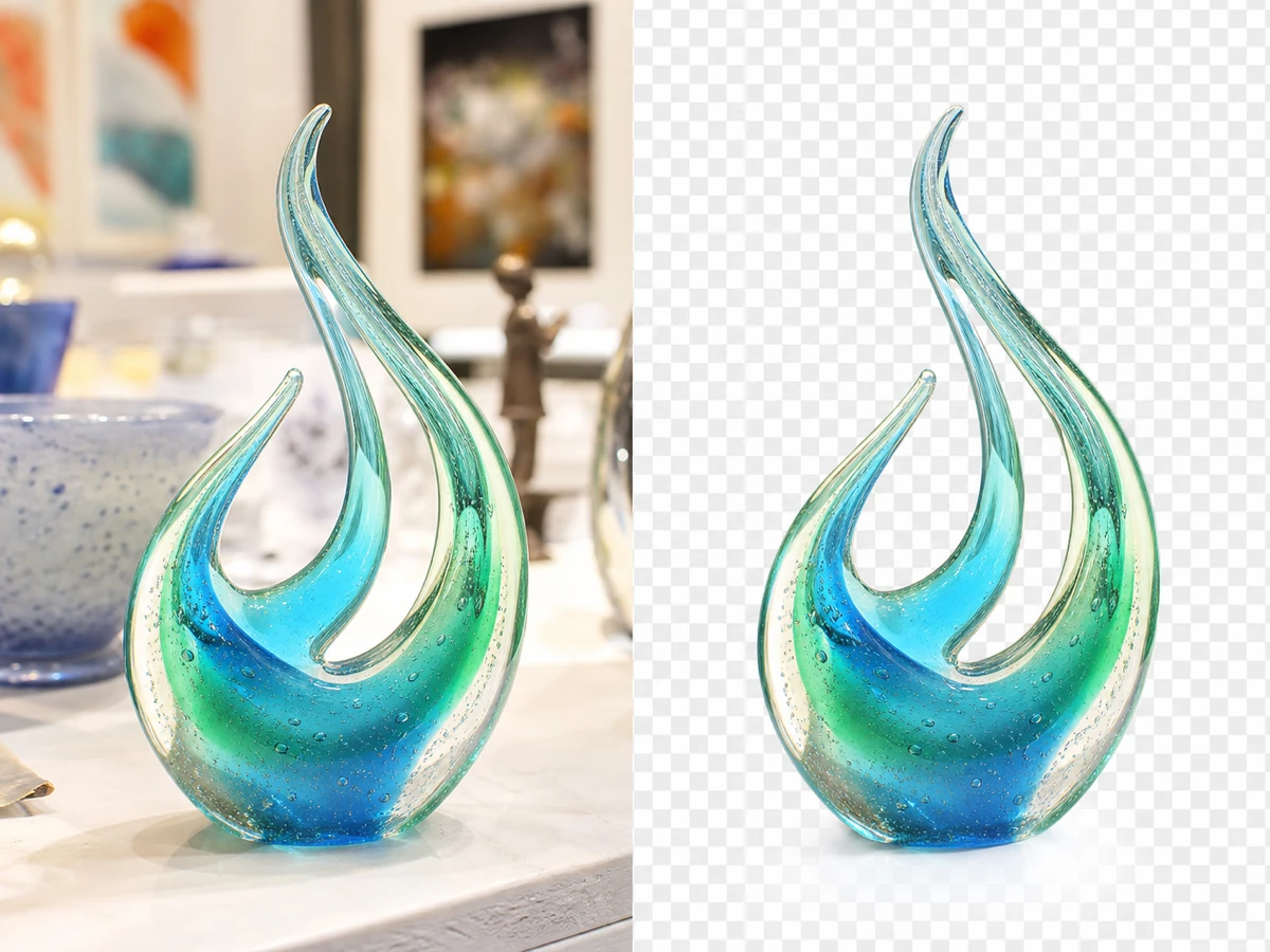 AI background remover before and after isolating a glass sculpture for a portfolio image.