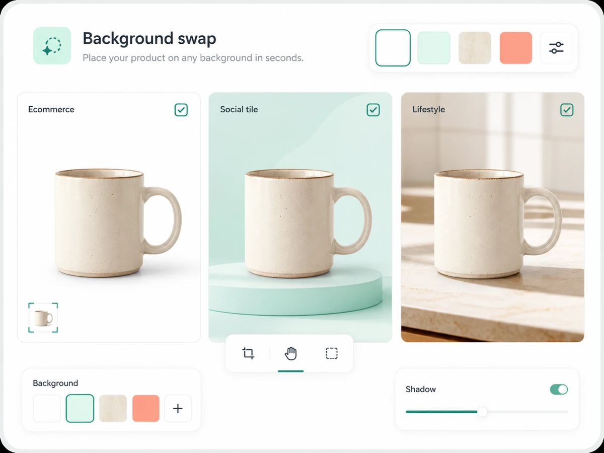 AI background remover feature placing one mug cutout onto multiple layout backgrounds.