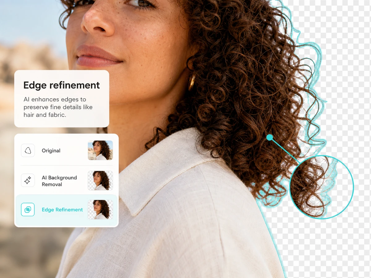 AI background remover feature preserving fine hair and linen collar edges.
