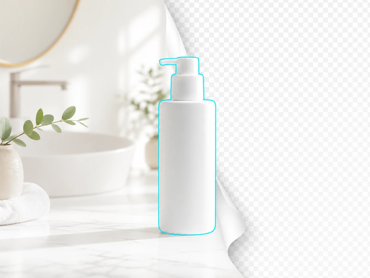 AI background remover feature showing a skincare bottle separated from its studio background.