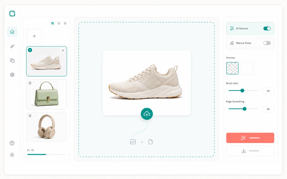 Background remover upload step showing a product photo entering a bright workspace.