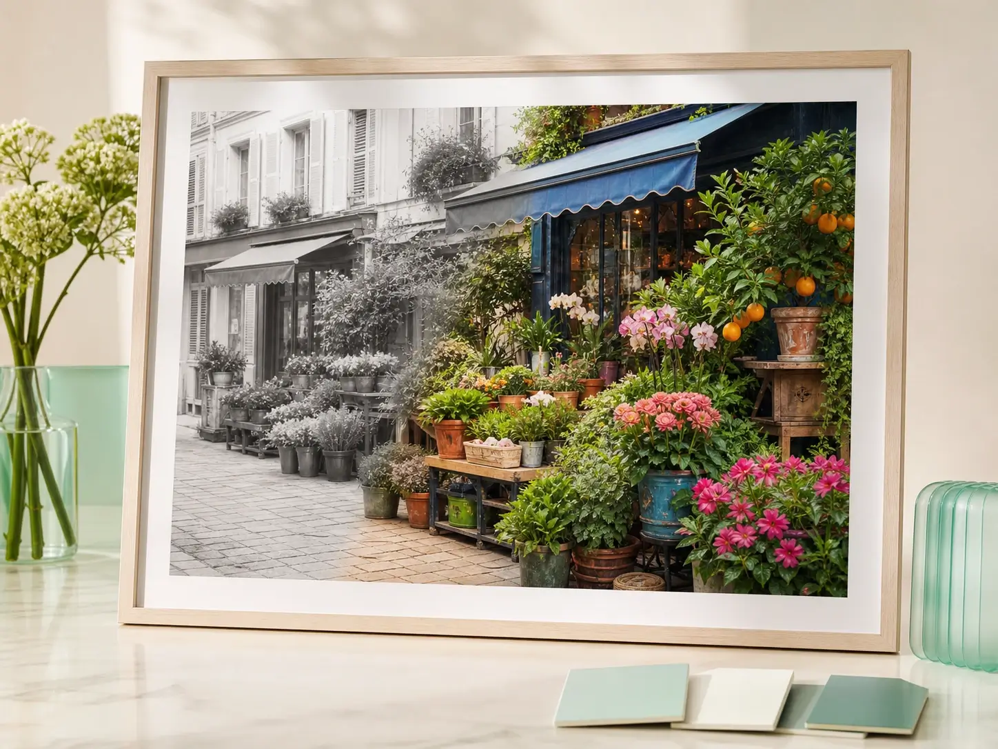 Image colorizer preview showing a black and white still life transformed into natural color.