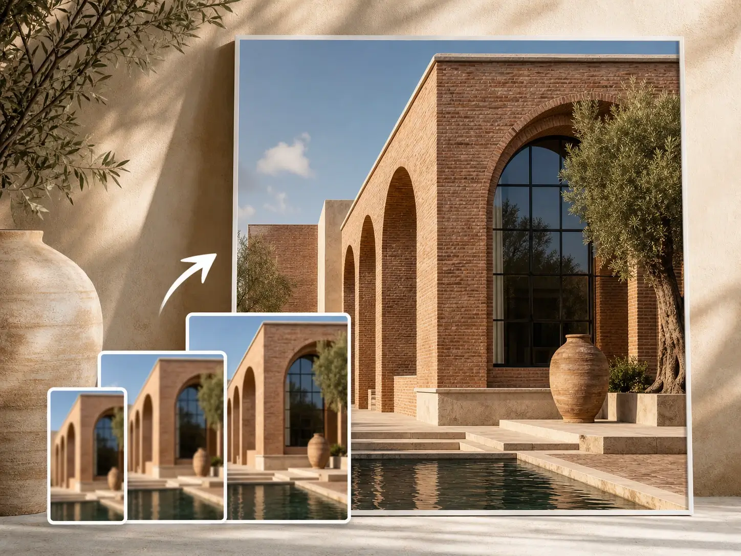 Image upscaler preview showing a small low resolution photo enlarged into a sharp high resolution print.