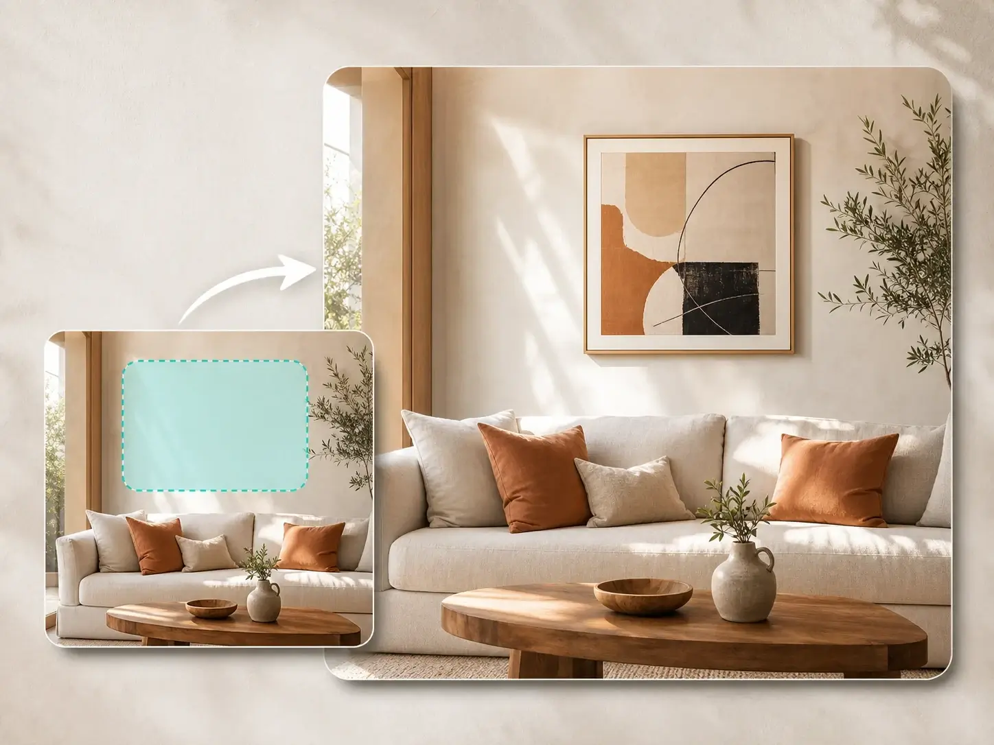 Inpainting preview showing a masked source photo region filled with a prompted linen pouch.