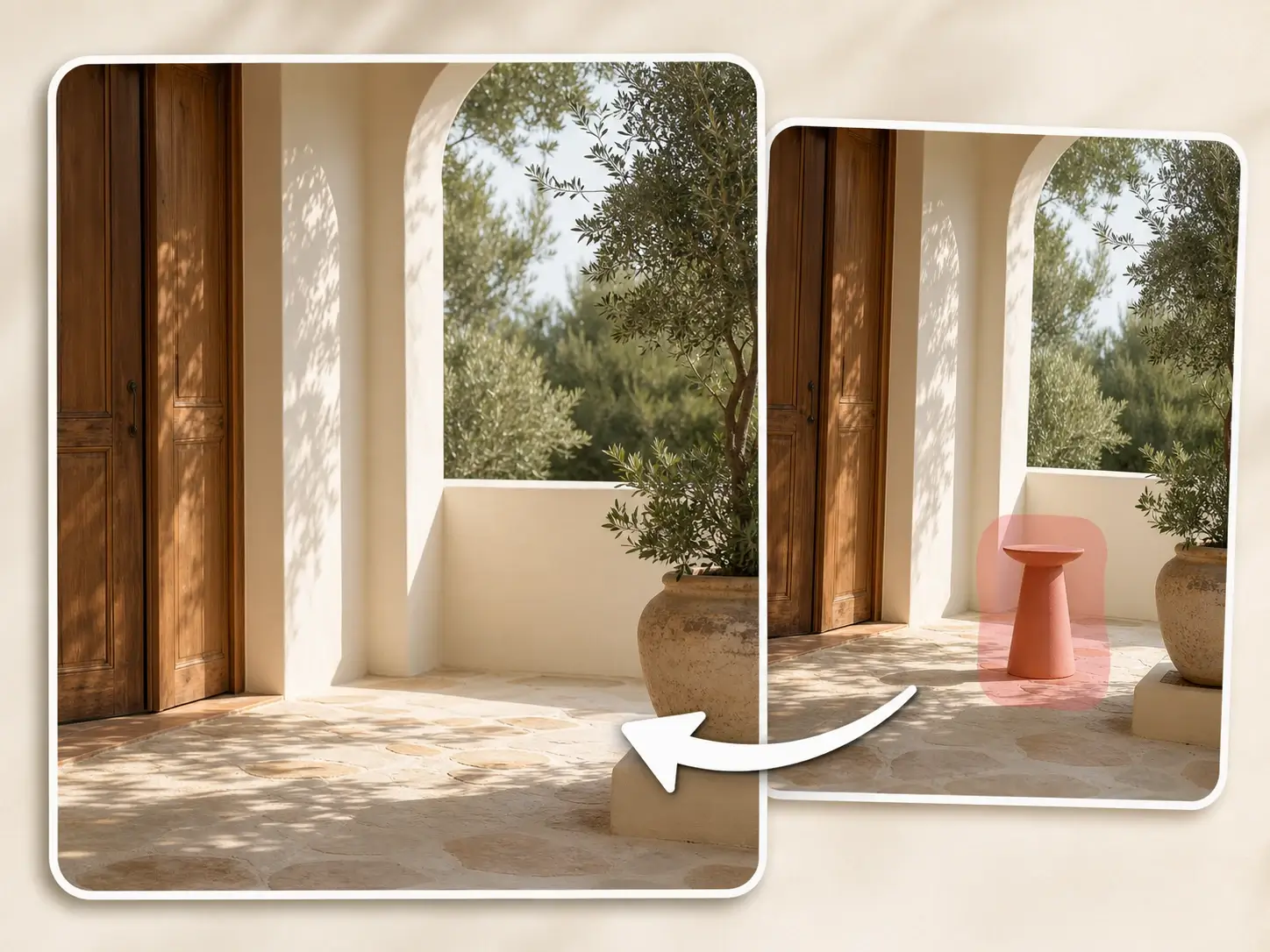 Object remover preview showing circled clutter removed from a product photo while keeping the background.