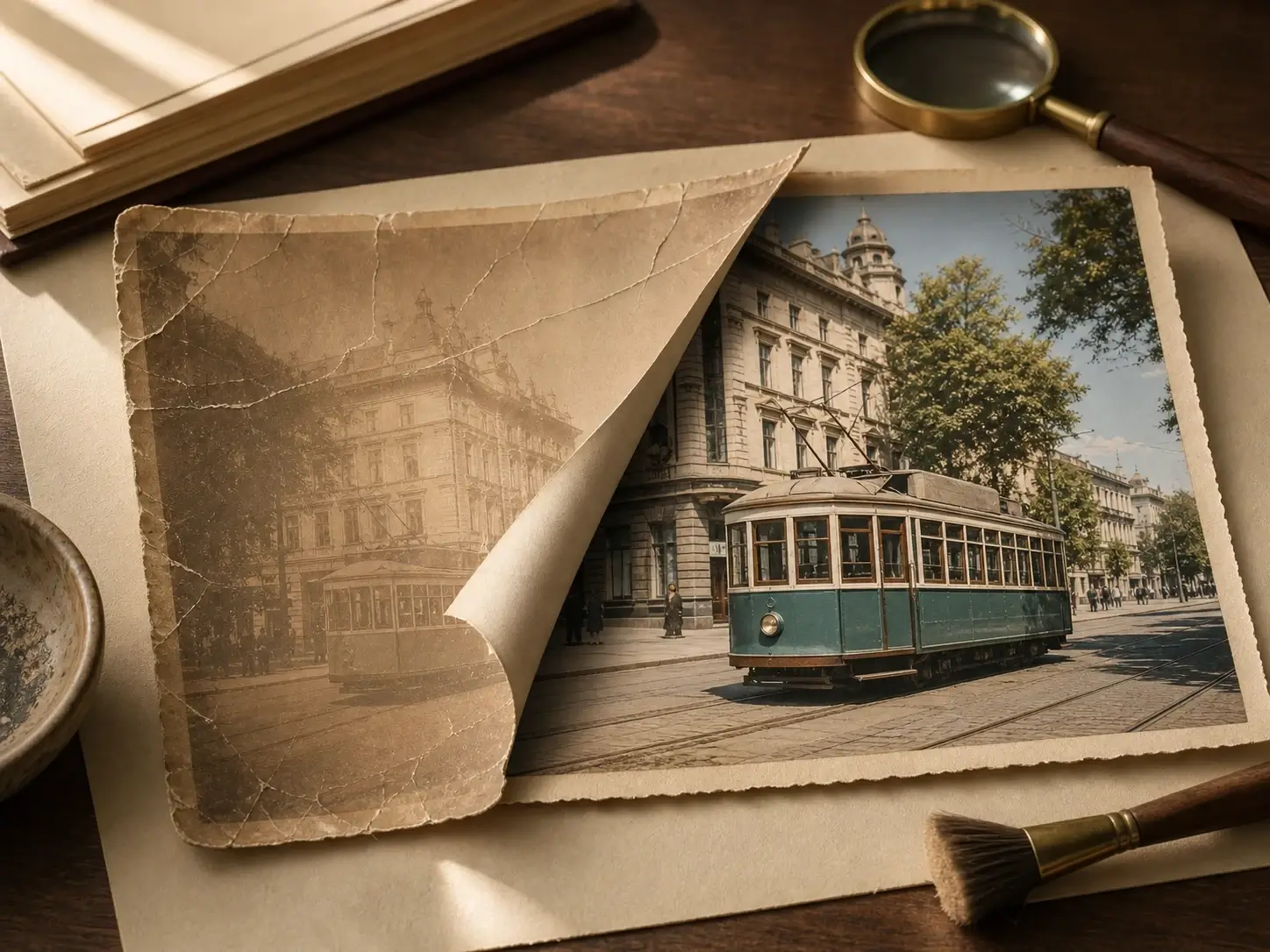 Old photo restoration preview showing a cracked damaged photo repaired into a clean restored print.