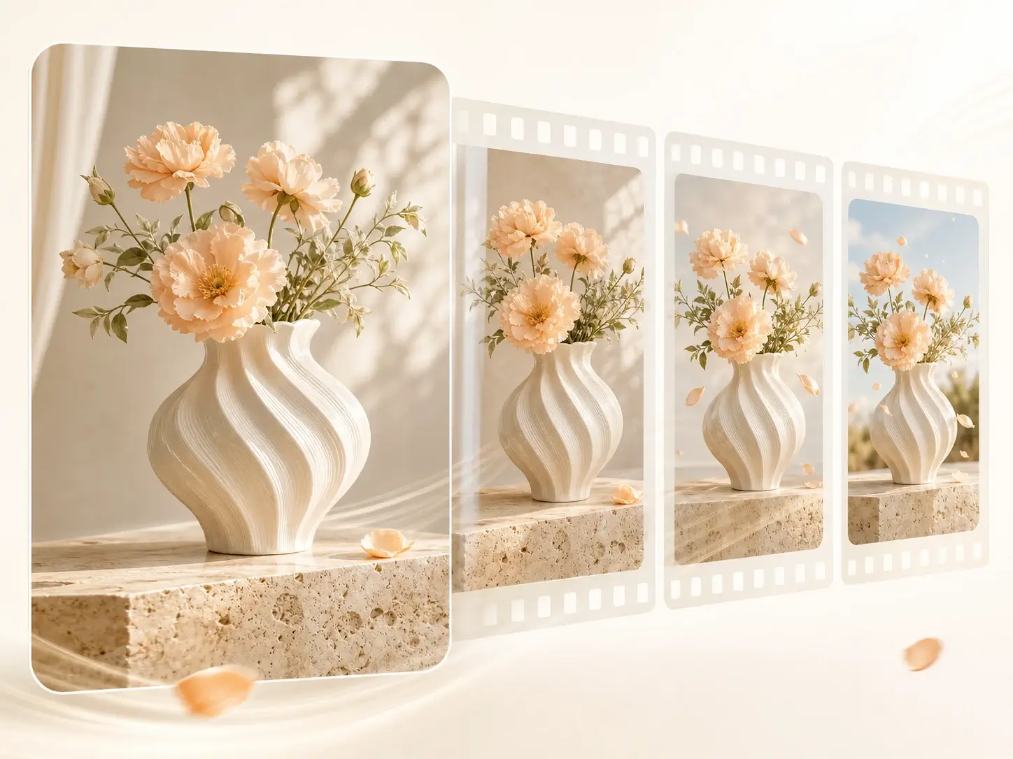 Image to video capability preview showing multiple still frames becoming one generated video.