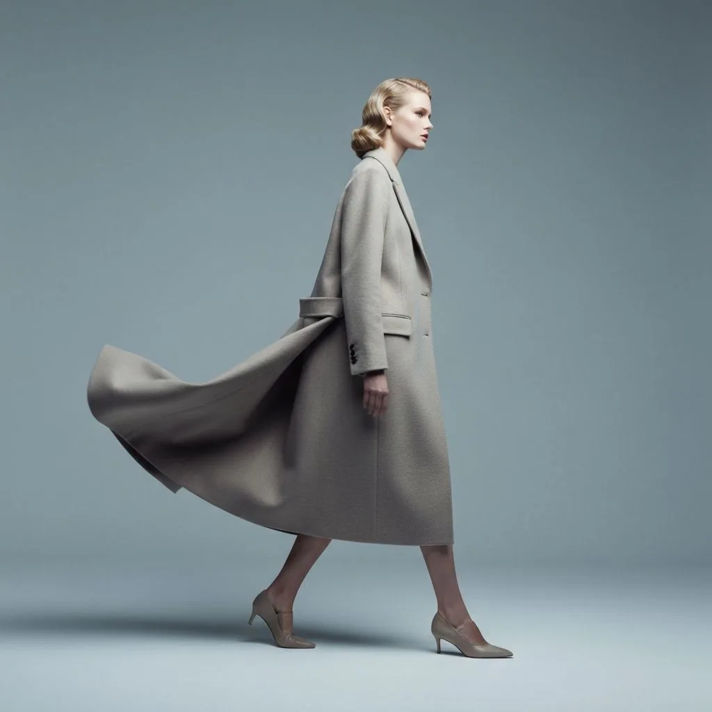 Fashion editorial image of a model in a flowing coat