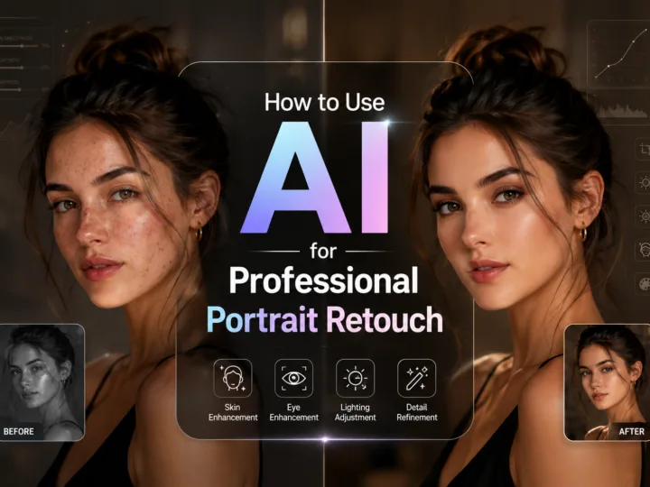 AI portrait retouch guide cover with before and after portraits