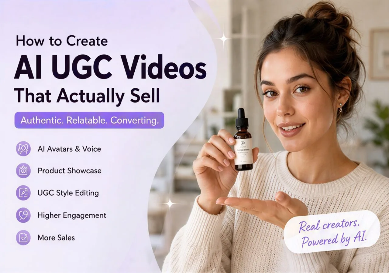 AI UGC video guide cover with a creator holding a product bottle