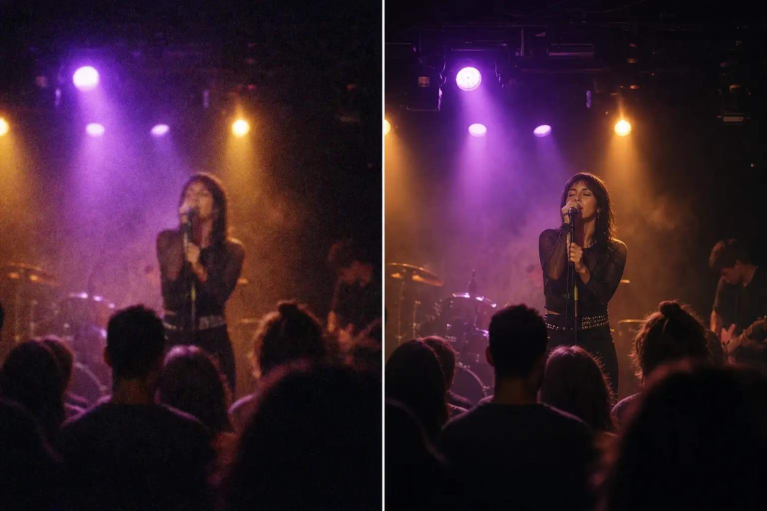 Photo enhancer before and after reducing concert noise and sharpening stage lighting.