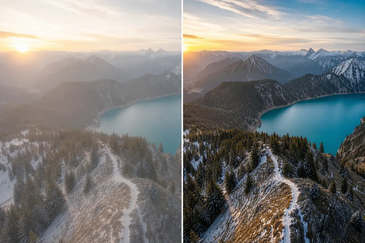 Image quality enhancer before and after improving drone landscape clarity.