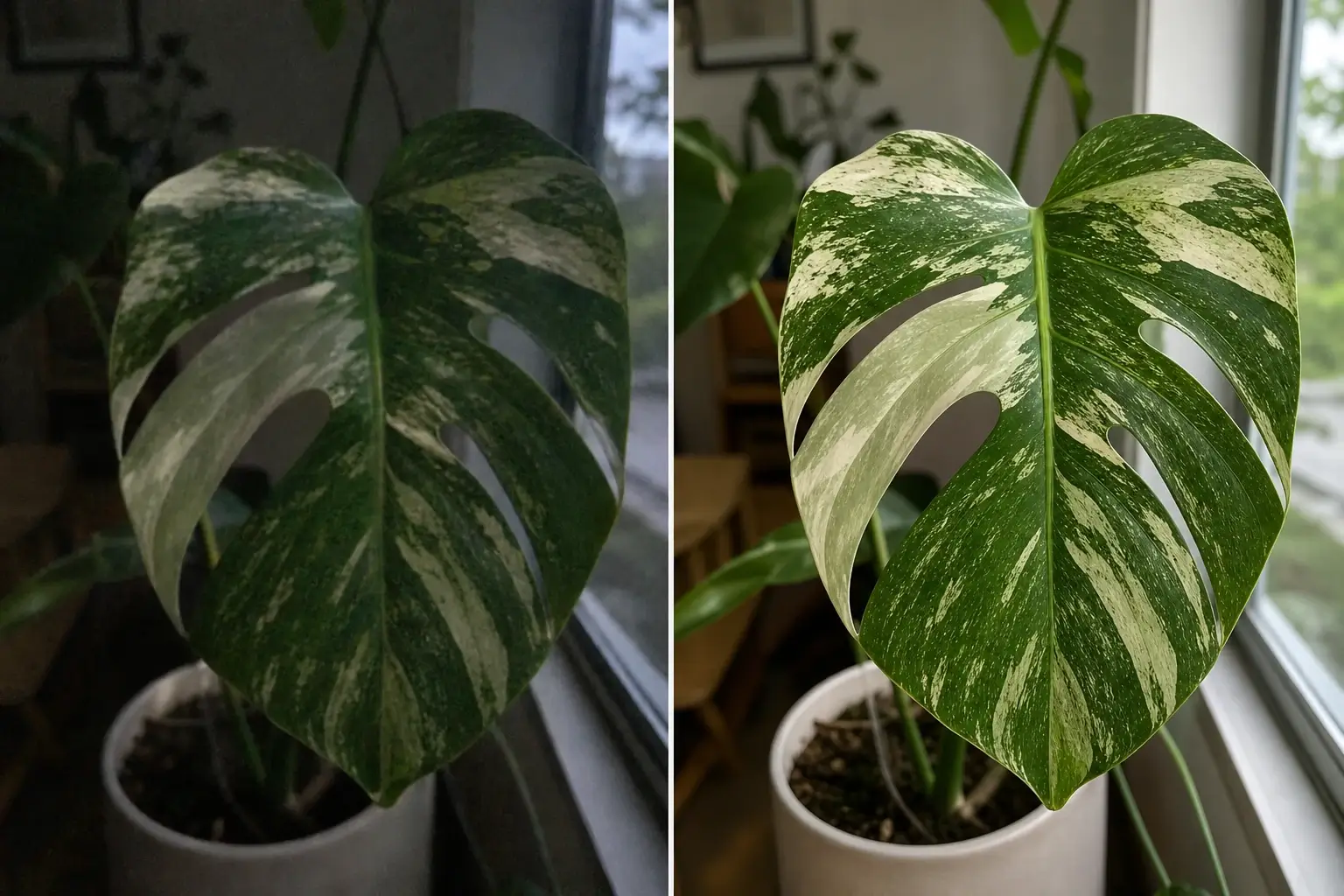 Image enhancer before and after recovering variegated plant leaf detail for listing photos.