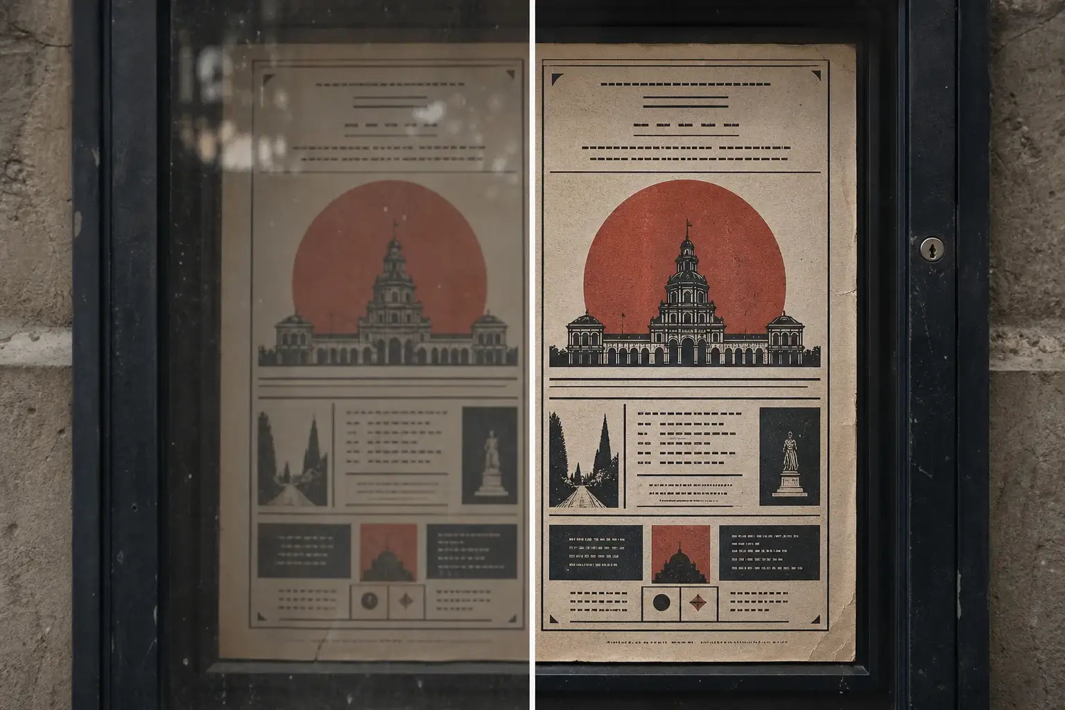 Image enhancer before and after restoring poster print clarity behind glass.