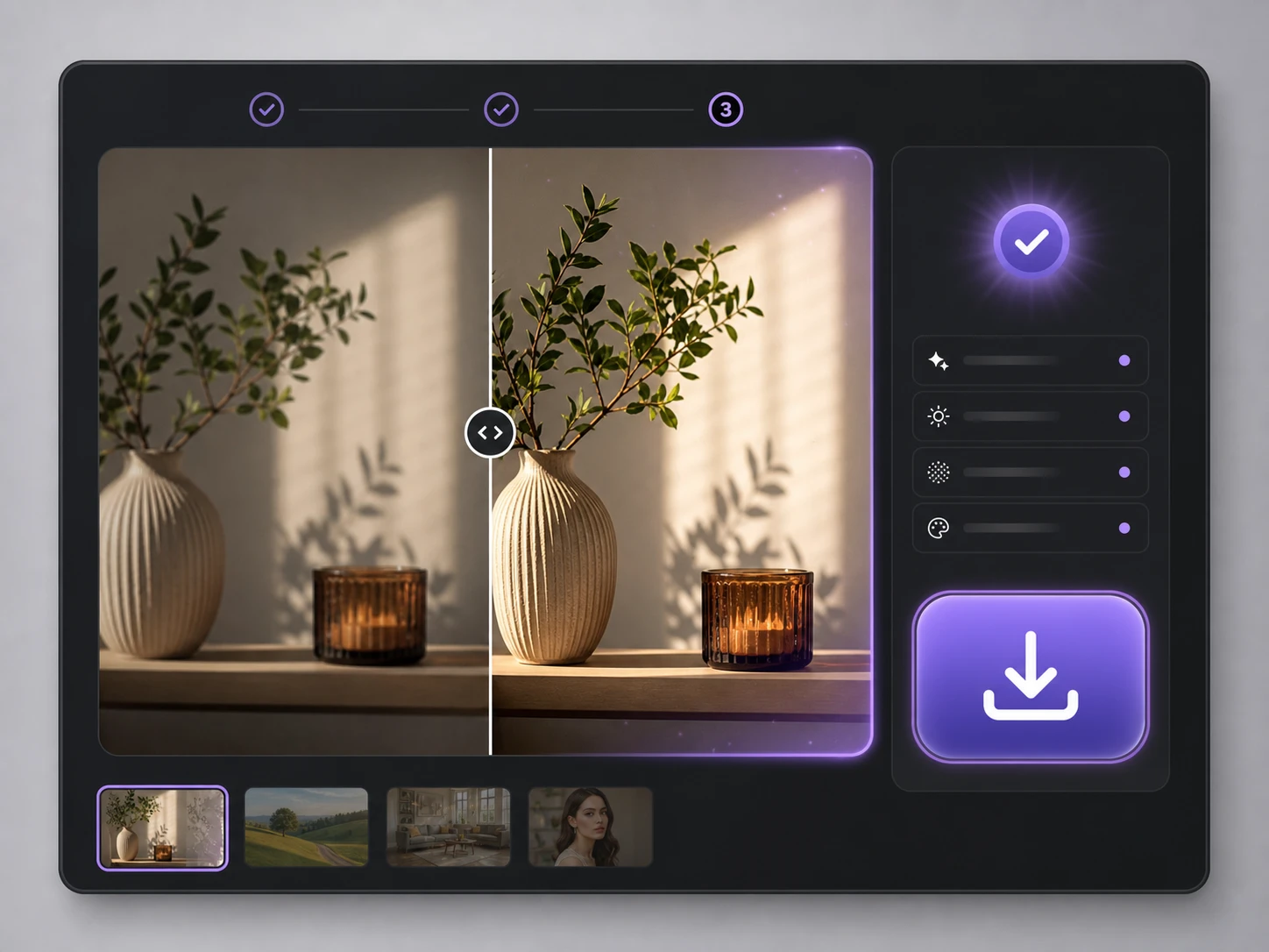 Image enhancer result step with a before and after preview and download action.