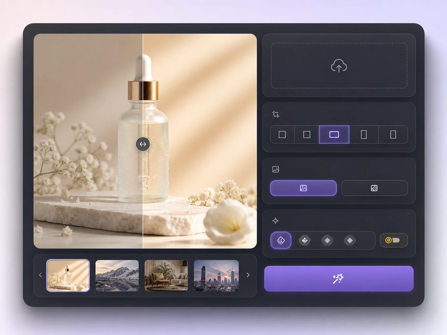 Image enhancer settings step for choosing output size, format, and model options.