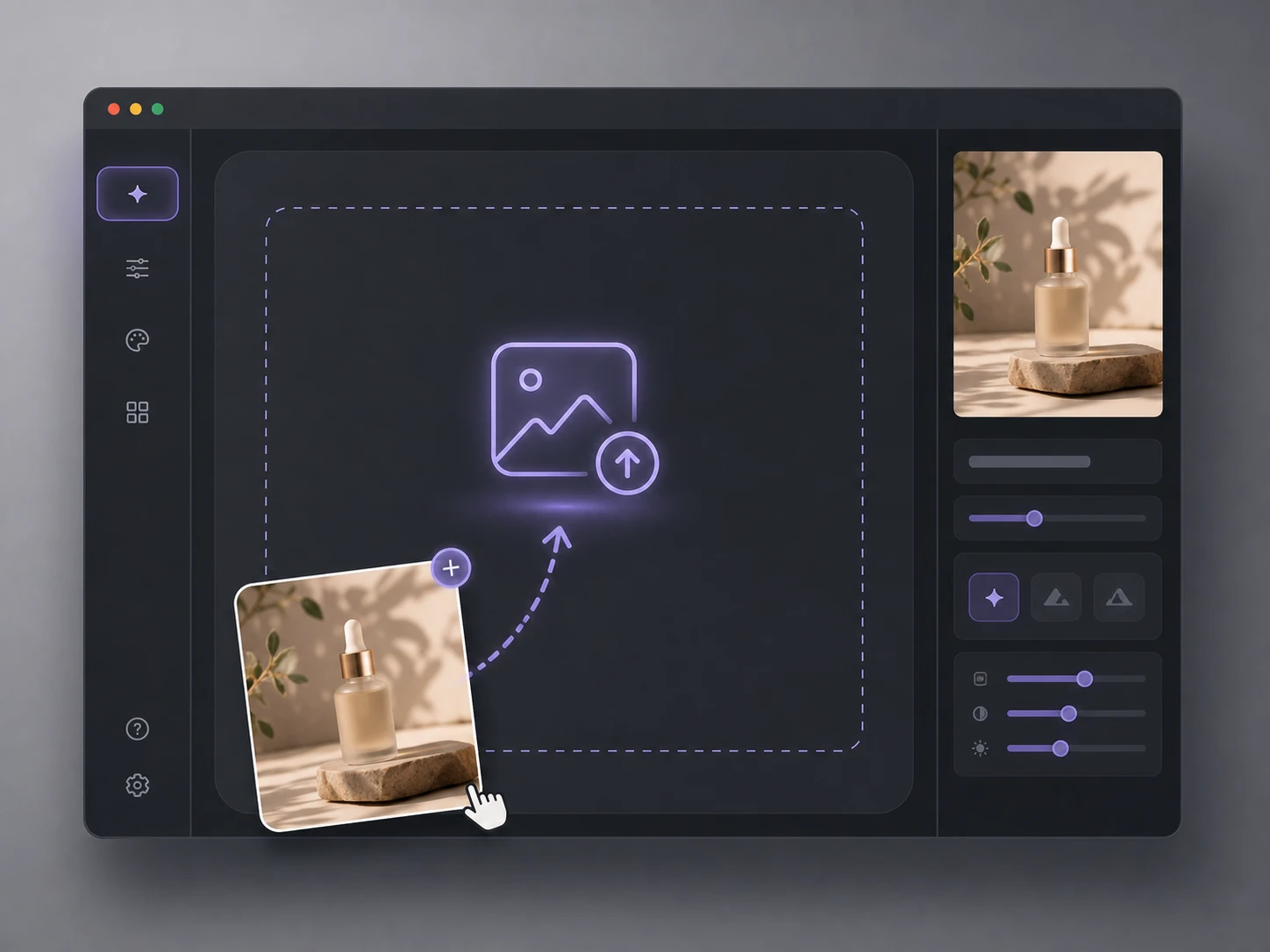 Image enhancer step showing a source product photo uploaded into the workspace.