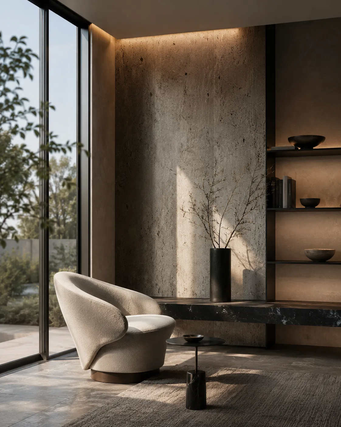 4K photo enhancer case preserving lines and material texture in an interior render.