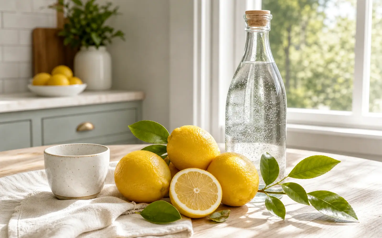 Image upscaler example of a bright still life photo with bottles, flowers, and fruit. upscaled