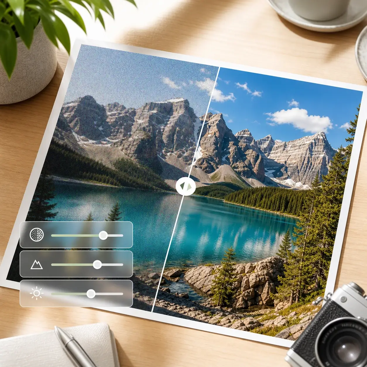 4K photo enhancer feature balancing cleanup, sharpness, and texture retention controls.