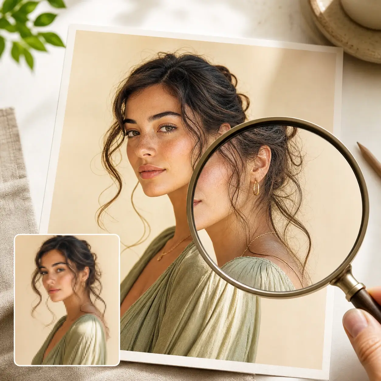 HD photo upscaler feature recovering crisp edges and natural texture from a soft image.
