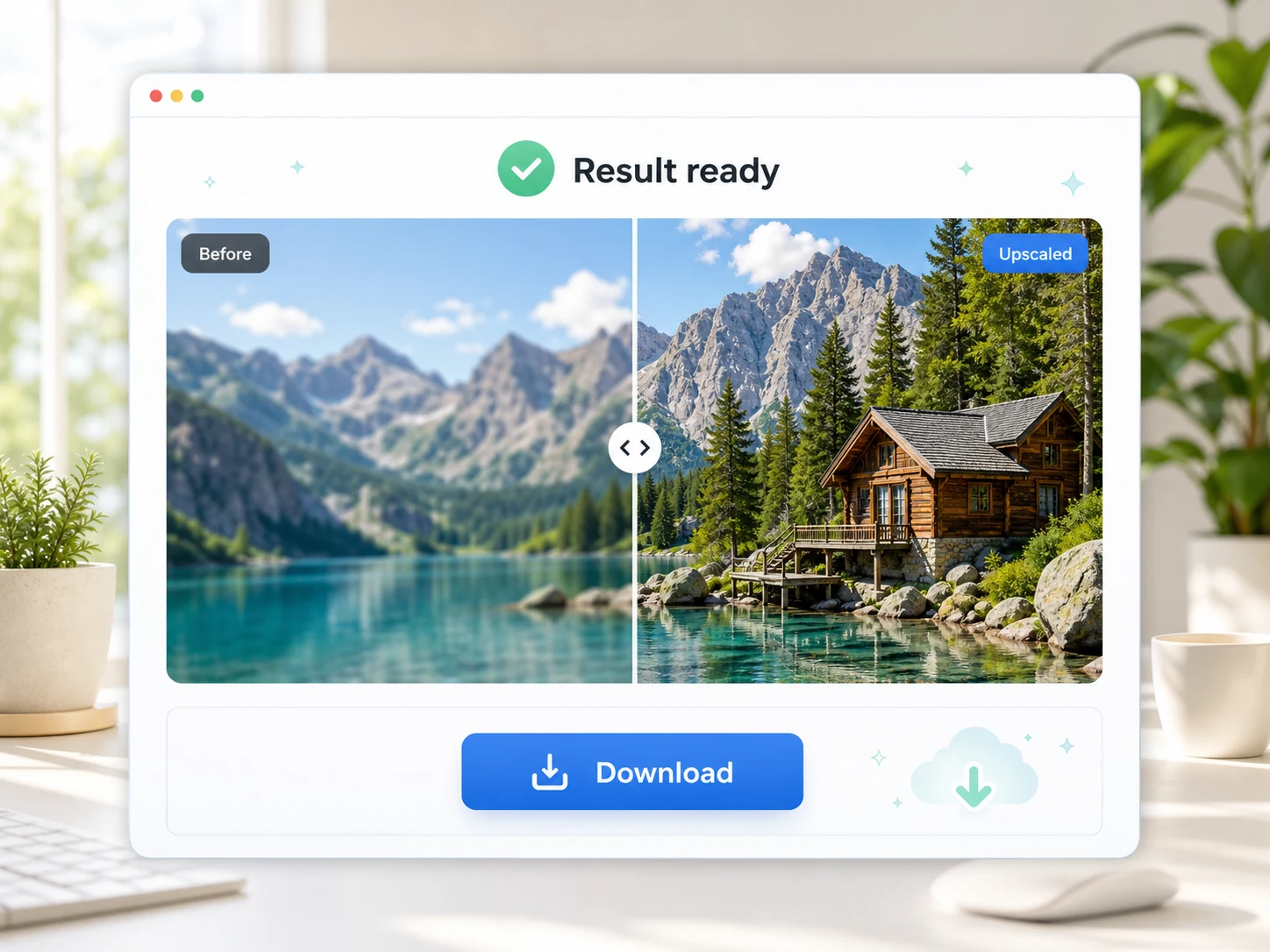 Image upscaler download step comparing the source image with the upscaled result.