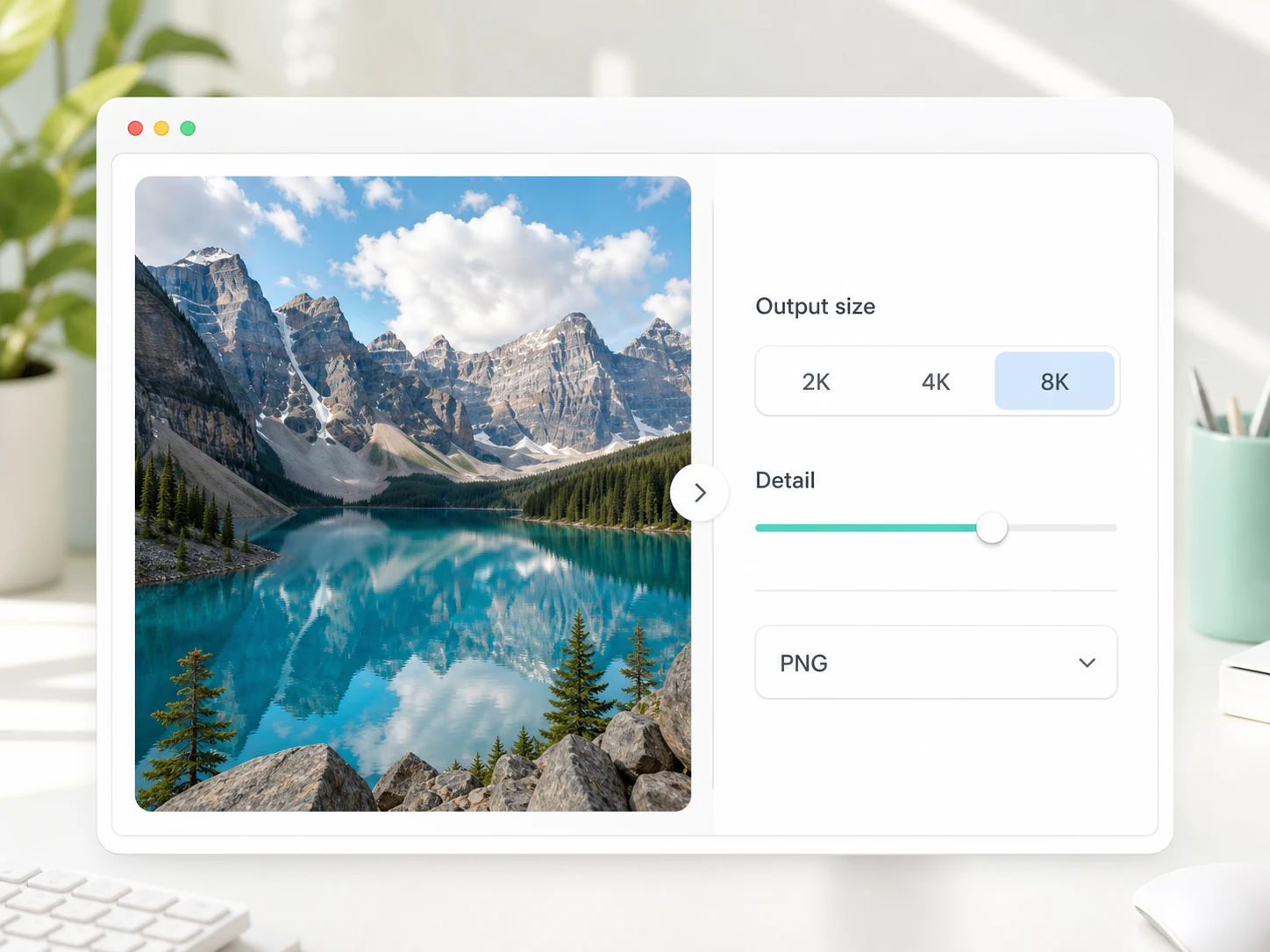 Image upscaler settings step selecting 8K output size and detail recovery controls.