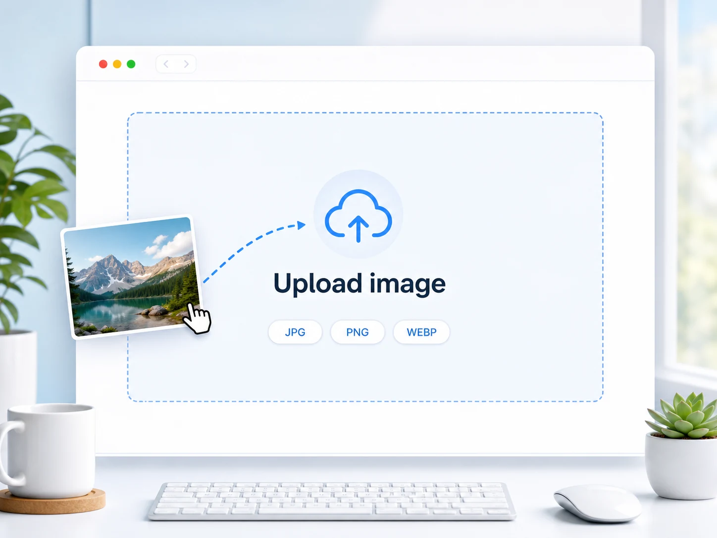 Image upscaler upload step showing a low-resolution source photo in the workspace.