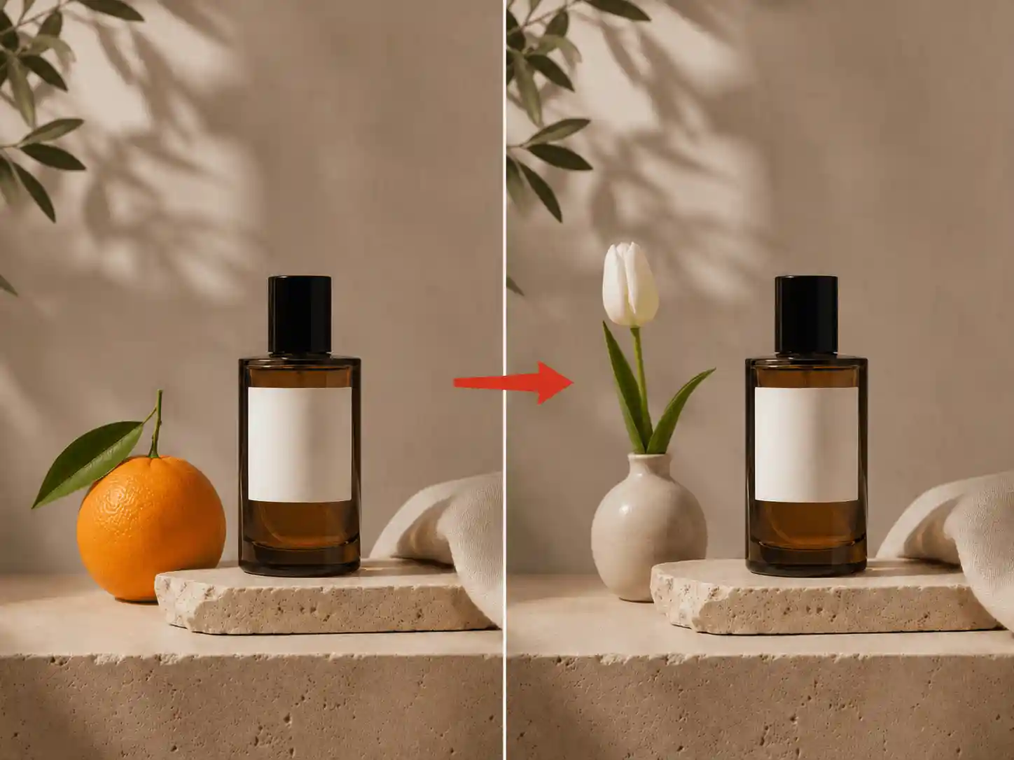 AI fill case replacing an orange with a flower vase beside a perfume bottle.