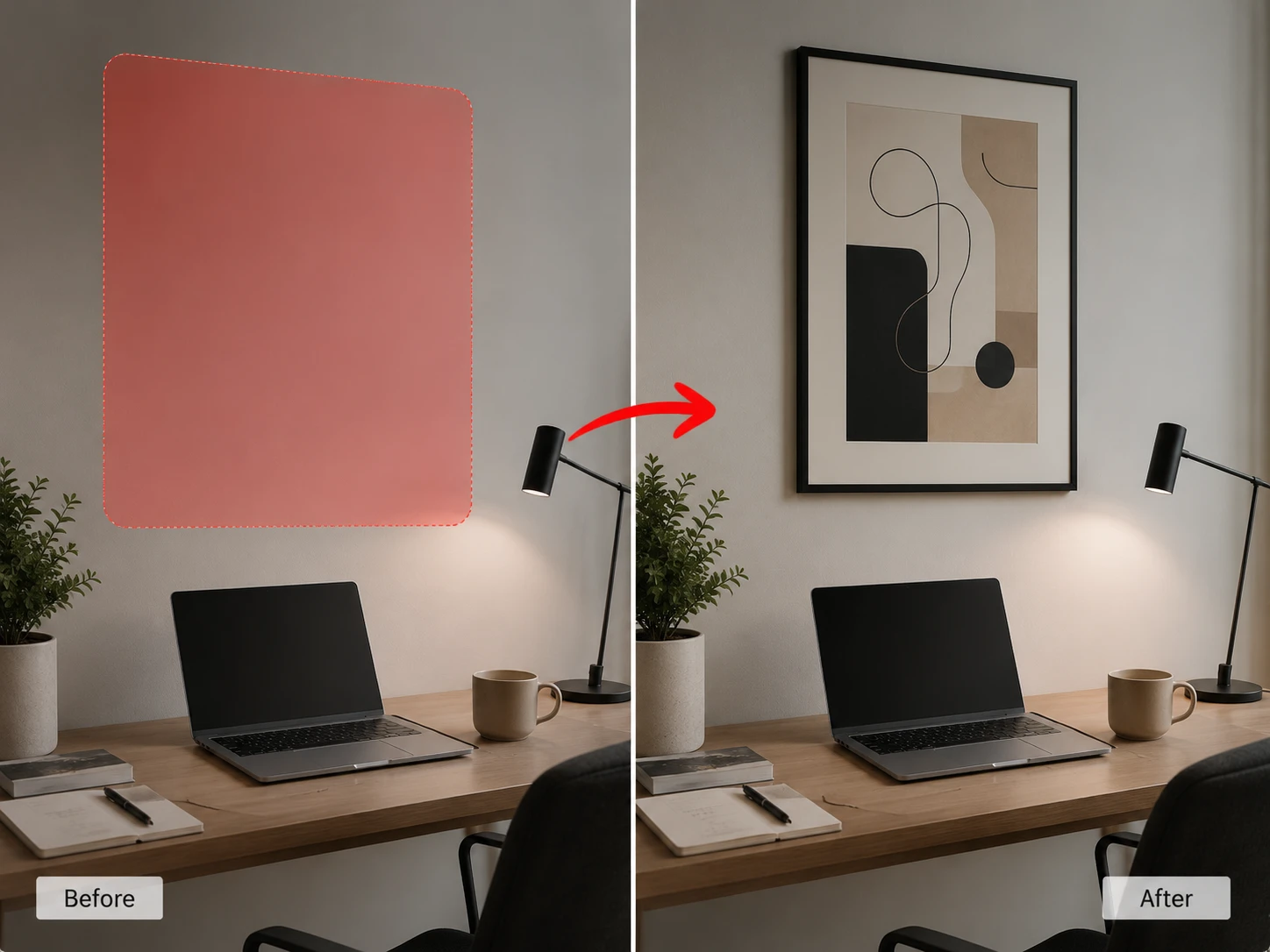 Inpaint image case adding framed wall art above a creator desk setup.