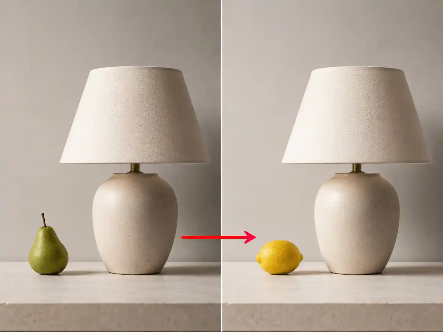AI image inpainting case replacing a pear with a lemon in a product listing scene.