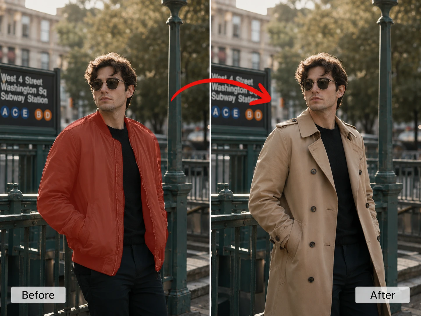 Masked photo repair case changing a red jacket into a beige trench coat.