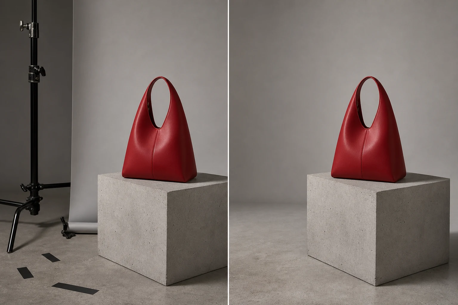 Object remover before and after removing studio clutter from a fashion campaign photo.