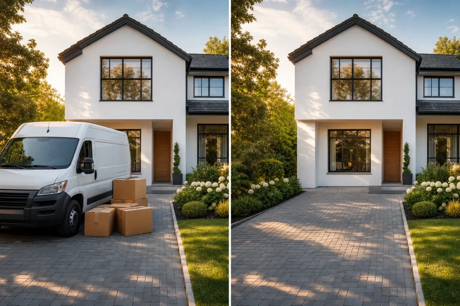 Image inpainting cleanup before and after removing a driveway distraction from a real estate photo.