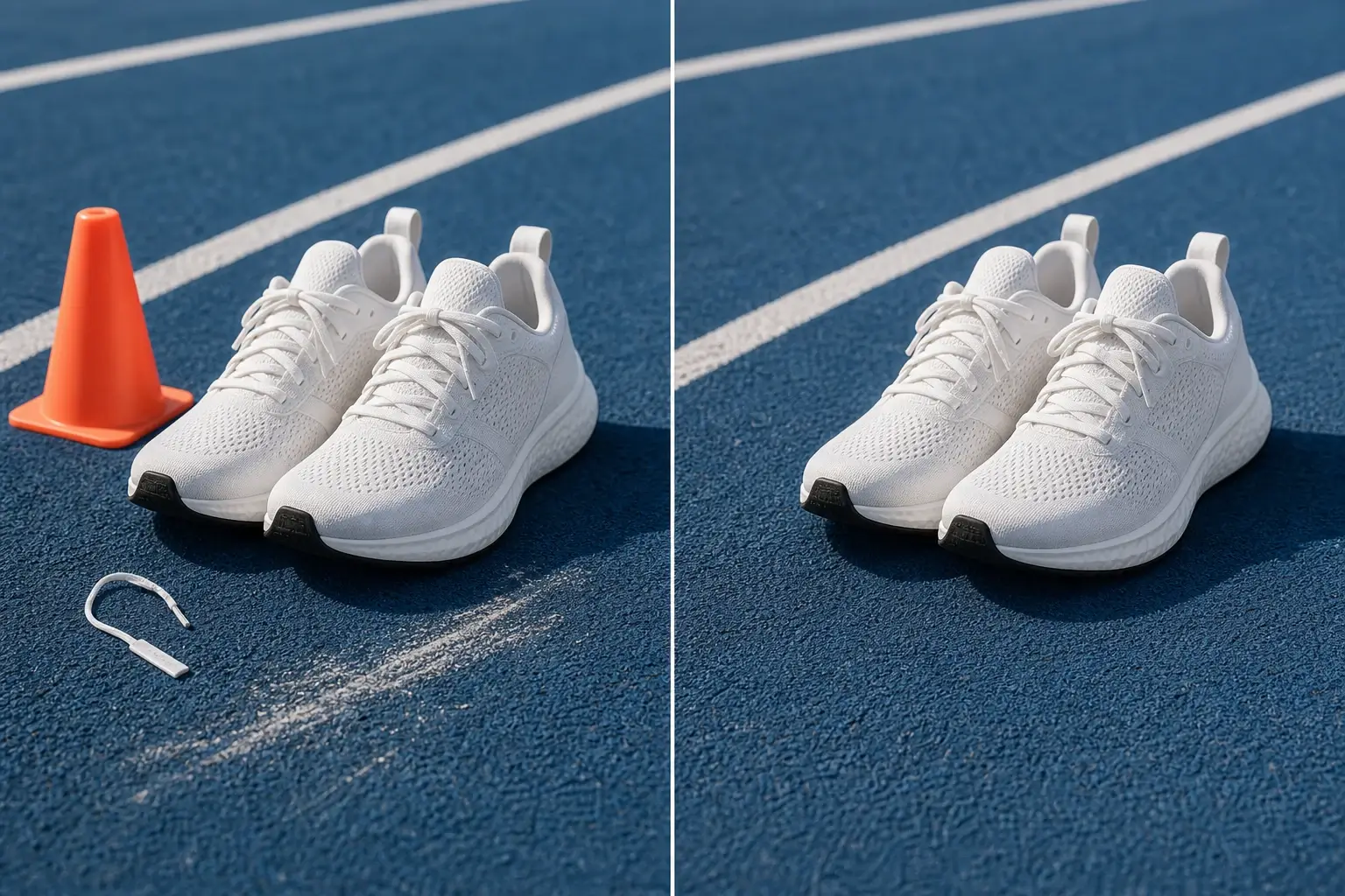 AI object remover before and after cleaning props from a running shoe listing photo.
