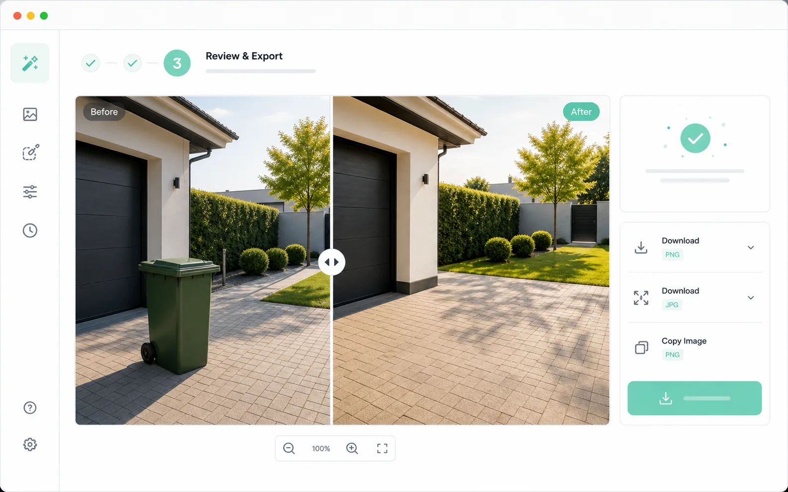 Object remover result step comparing a driveway photo before and after the object is removed.