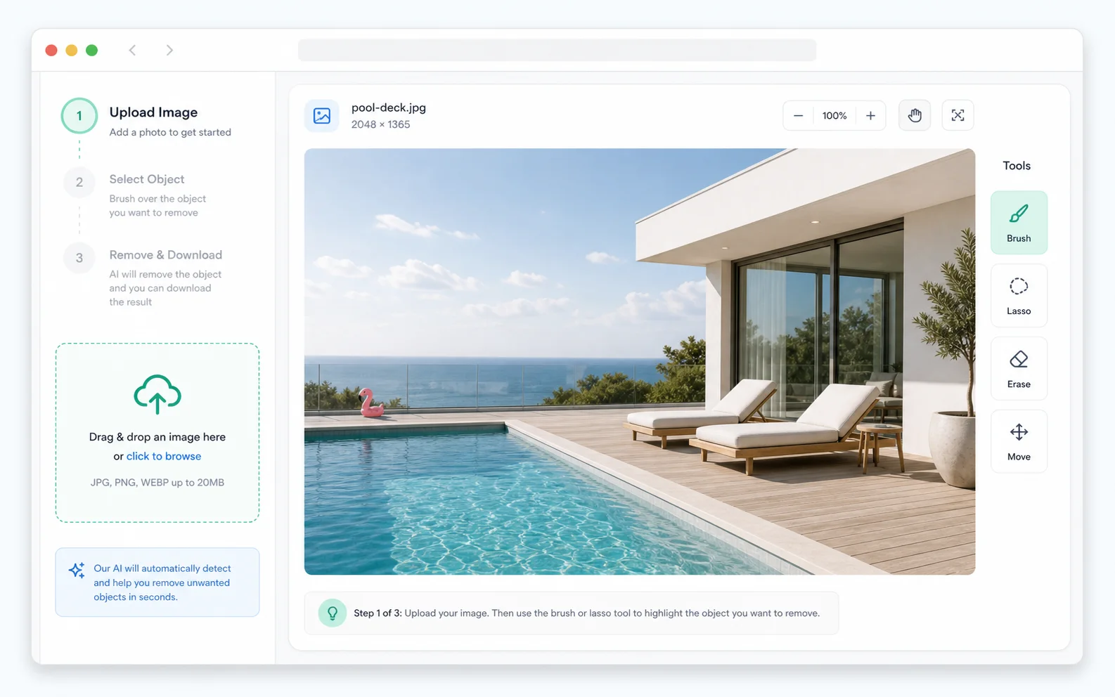 Object remover upload step showing a bright pool deck photo added to the workspace.